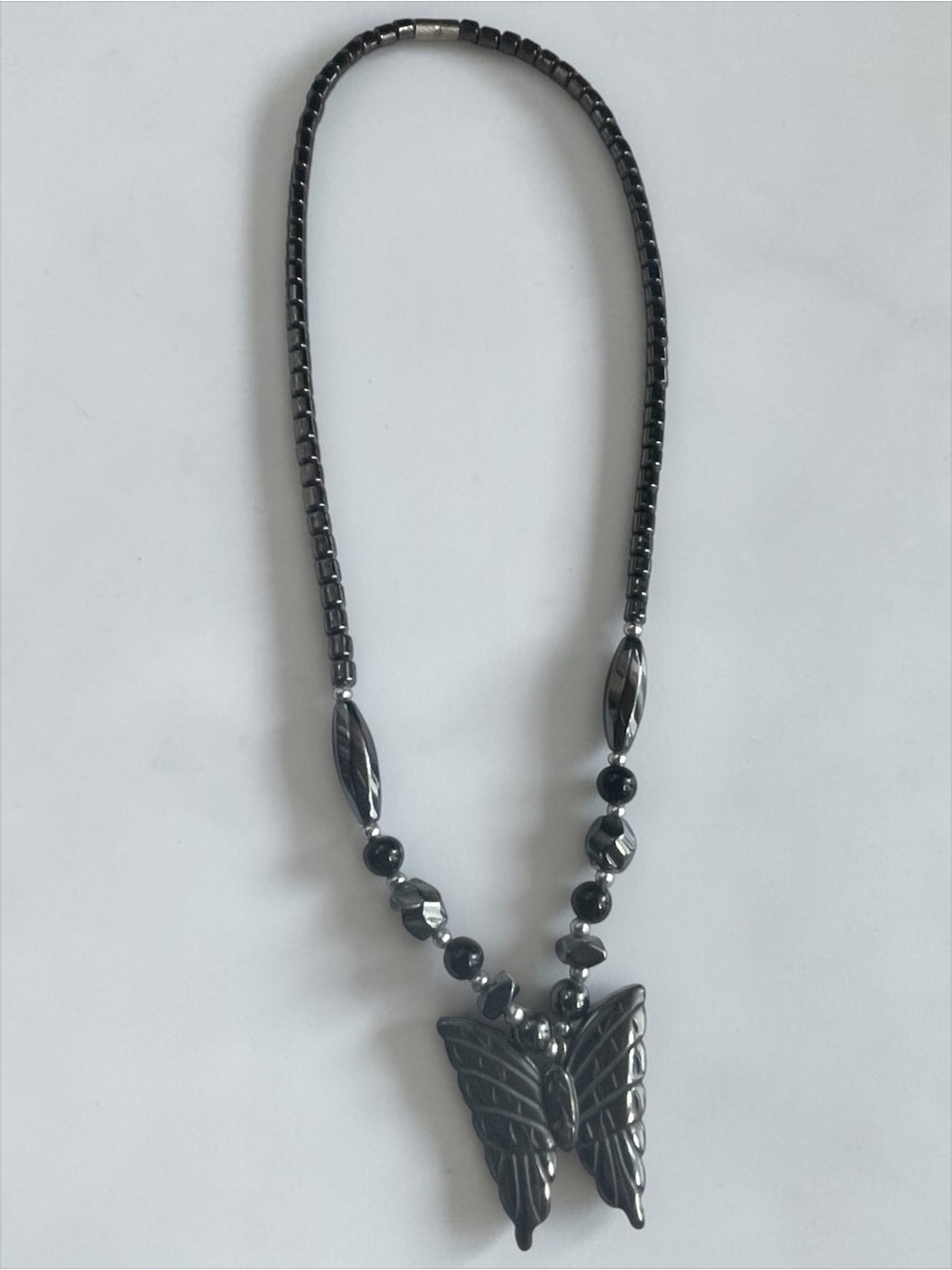 Carved Hematite Butterfly Pendant Statement Necklace - Picture 7 of 10